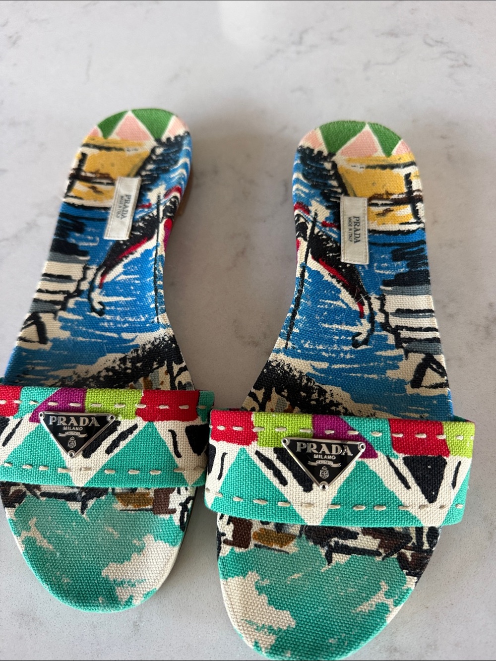 Prada Multicolor Canvas Slide Mules with Logo Plaque